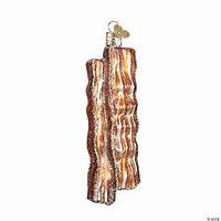 A Christmas tree ornament shaped like two strips of cooked bacon with a metal hook attached at the top.