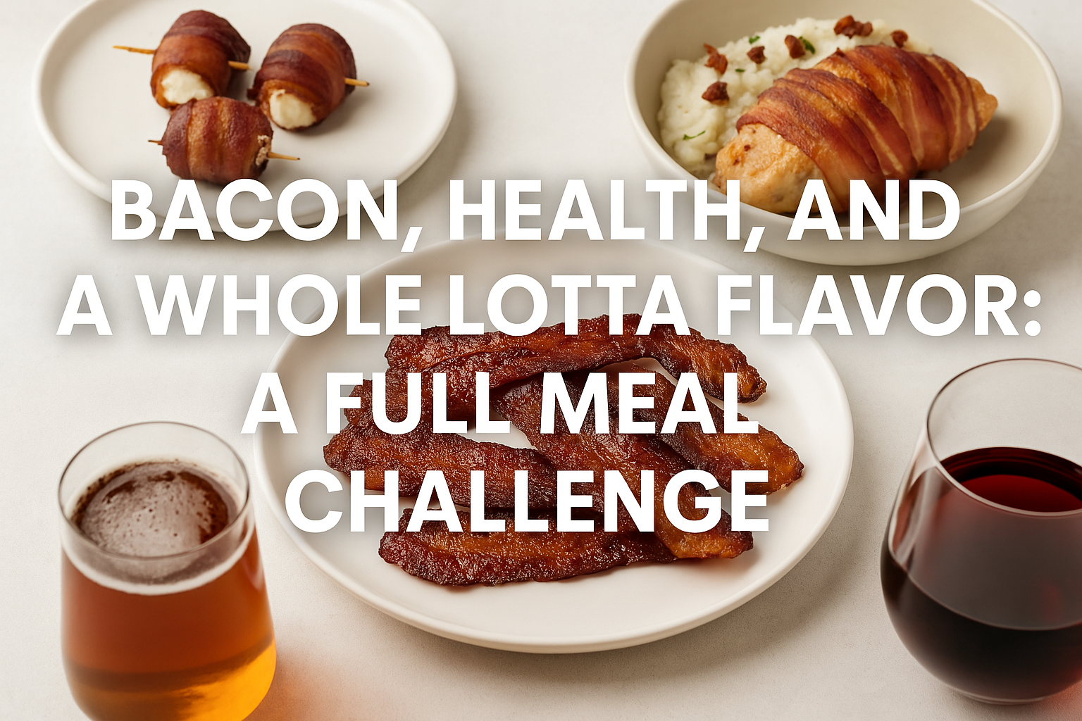 Plates of bacon-wrapped foods, crispy bacon strips, and drinks on a table with the text, "Bacon, Health, and a Whole Lotta Flavor: A Full Meal Challenge.