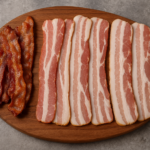 A wooden board with four slices of raw bacon and three strips of cooked bacon on a gray surface.