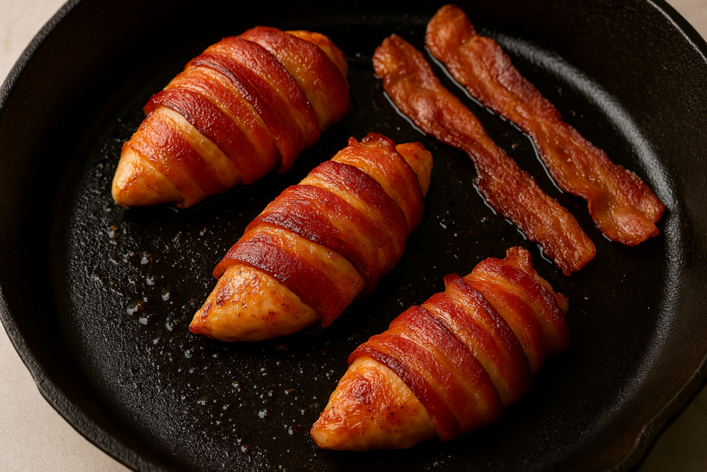 Three pieces of chicken breast wrapped in bacon and two strips of cooked bacon are in a black cast iron skillet.