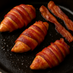 Three pieces of chicken breast wrapped in bacon and two strips of cooked bacon are in a black cast iron skillet.