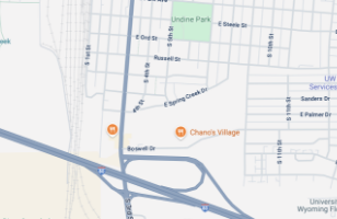 A map segment showing roads, an interstate intersection, parks, and labeled locations including Undine Park and Chana’s Village.